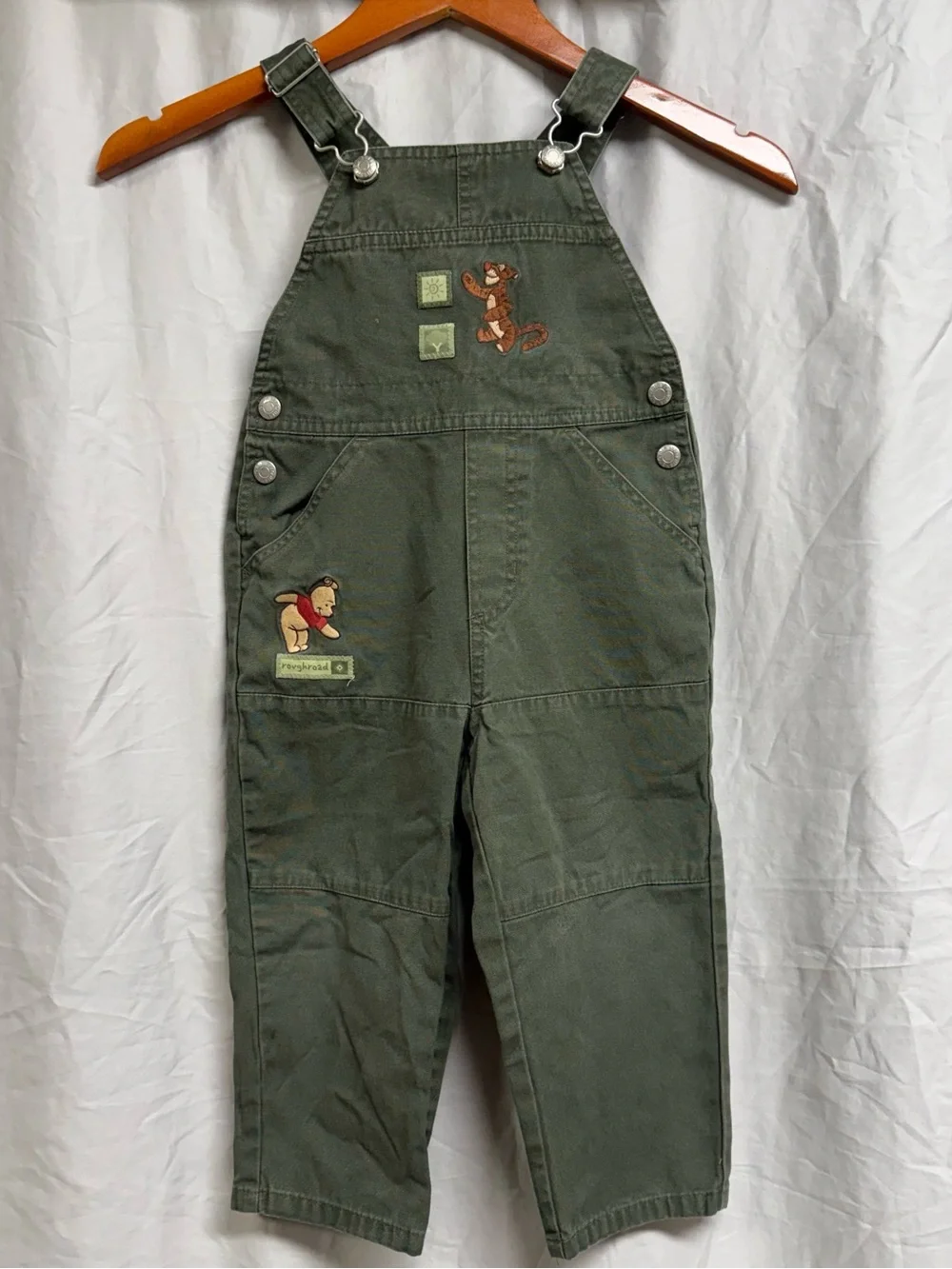 VINTAGE olive Green Winnie the Pooh Embroidered Kids Overalls